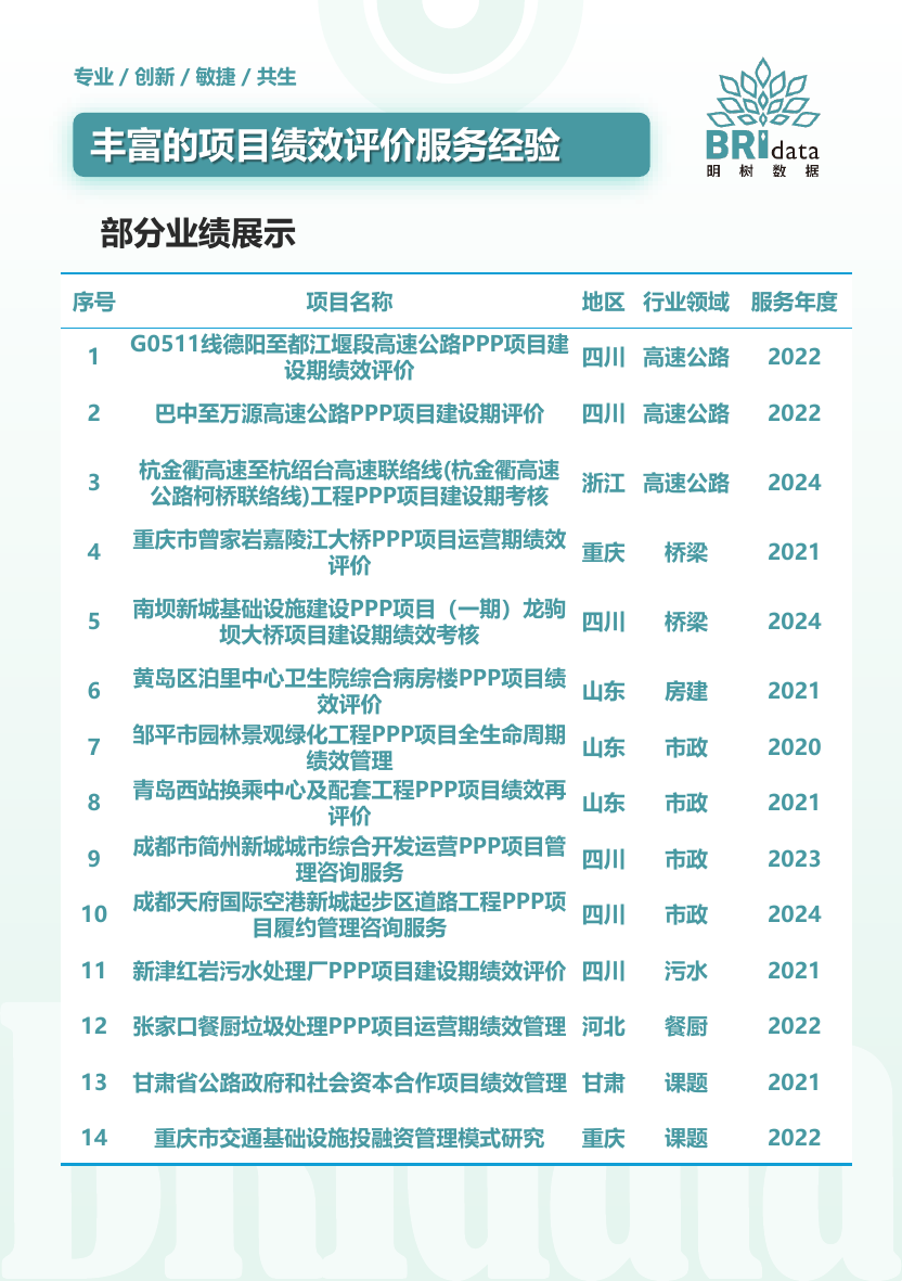 基础设施项目绩效评价服务项目表